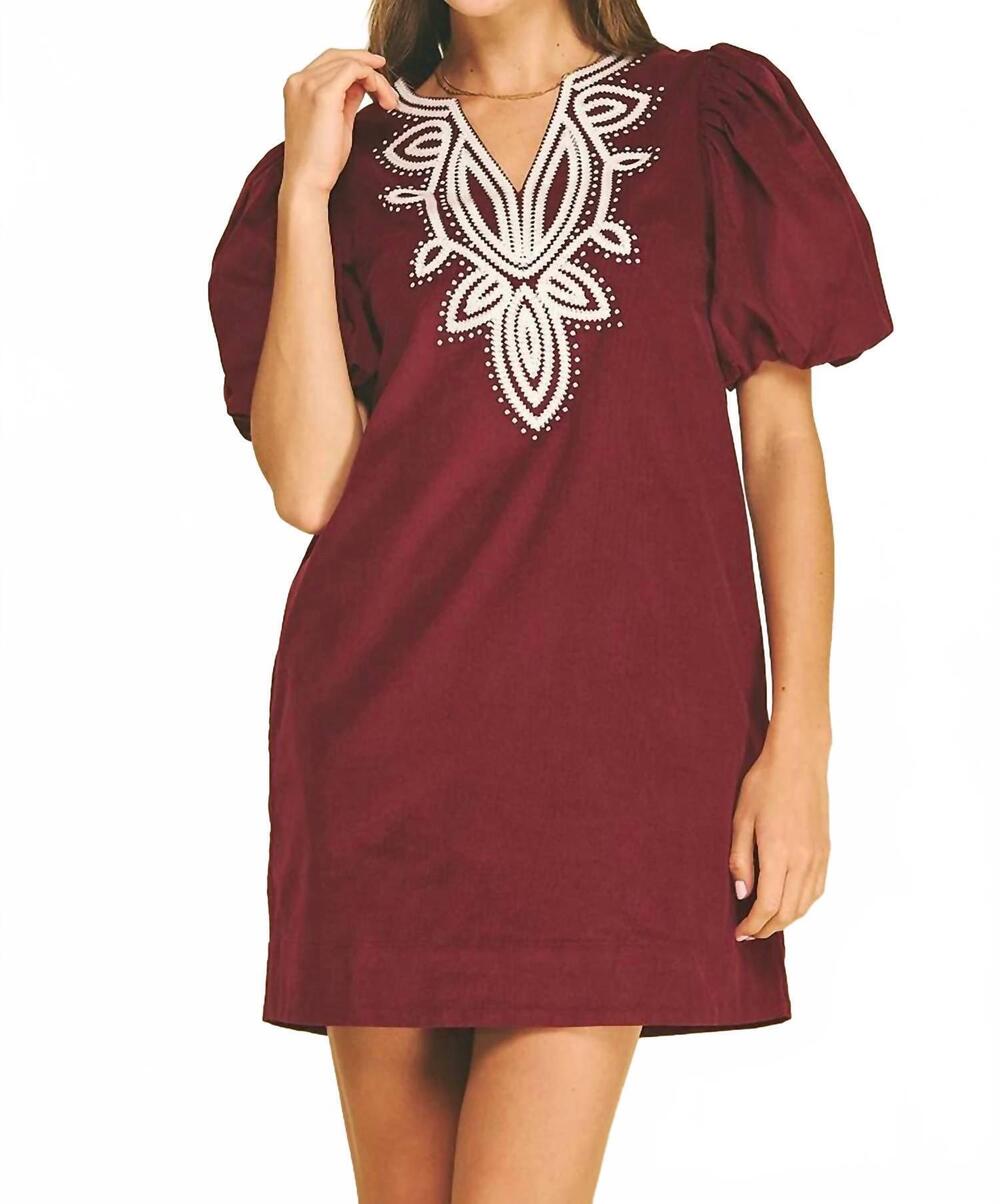 NEW PINCH embroidered corduroy mini dress in burgundy